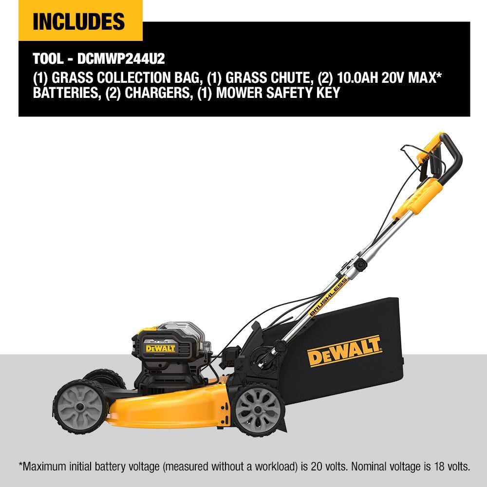 DEWALT DCMWSP244U2 20V MAX 21.5 in. Battery Powered Walk Behind Self Propelled Lawn Mower with (2) 10Ah Batteries and Charger