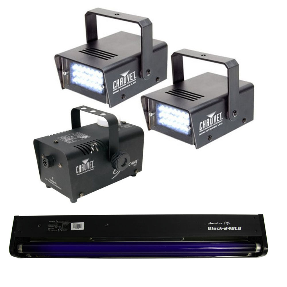 (2) CHAUVET LED Strobe Lights + H700 Fog Smoke Machine + Black-24BLB Blacklight