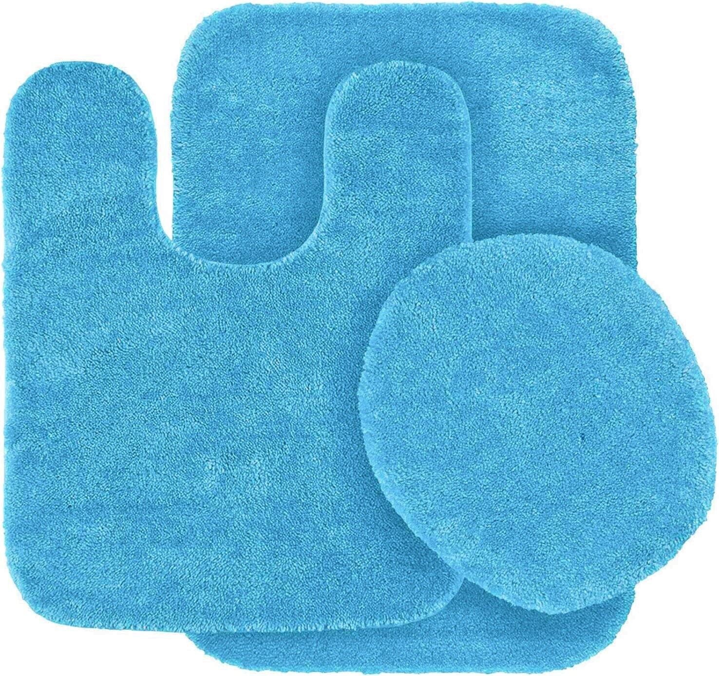 Chenille Non Slip Mat Rug for Bathroom #6 Turquoise Color 1 Mat ，1 Contour Mat， 1 Lid Cover and 4pc Matching Ceramic Accessories