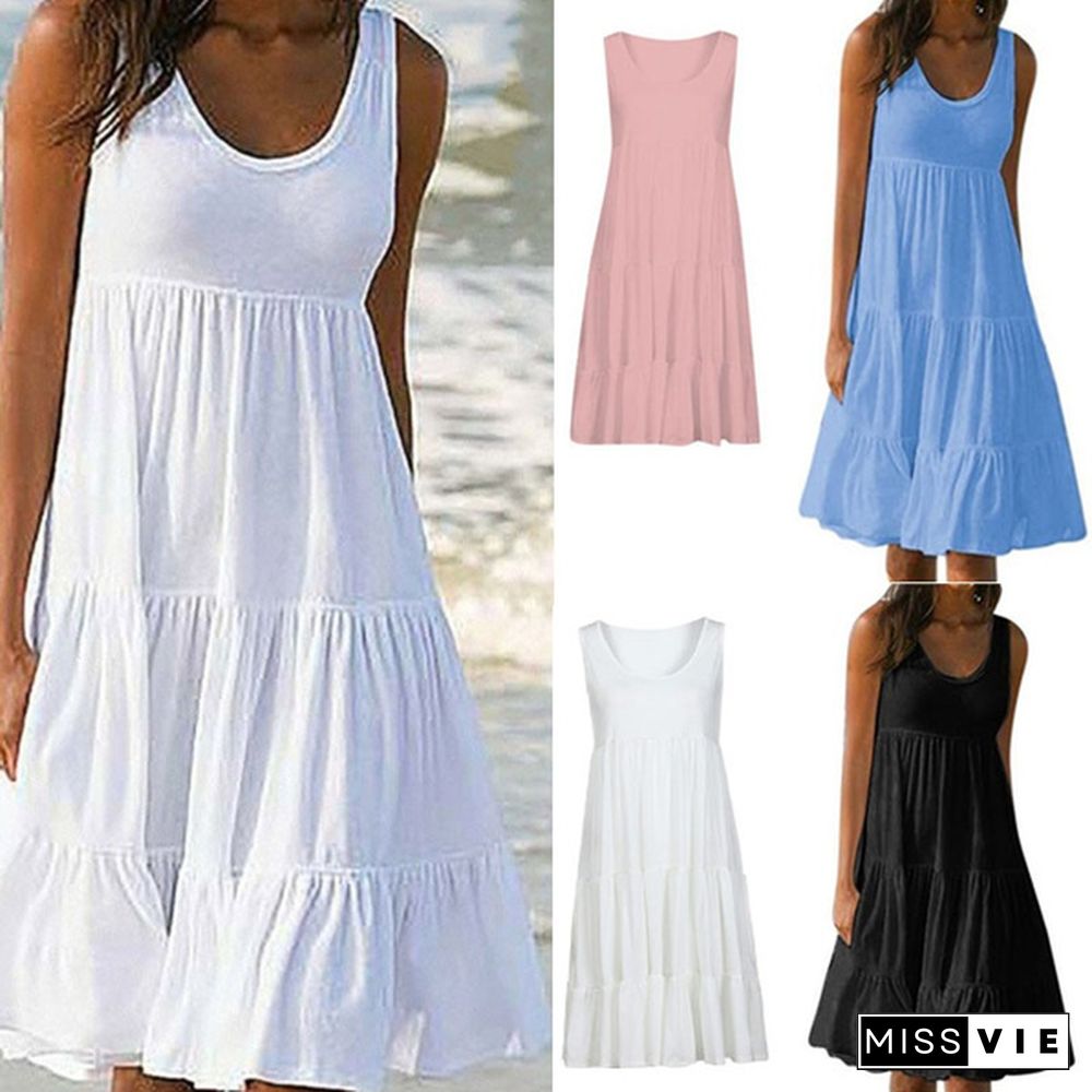 Ladies Summer Cool Sleeveless Round Neck Stitching Big Swing Beach Dress Long Skirt Simple And Fashionable