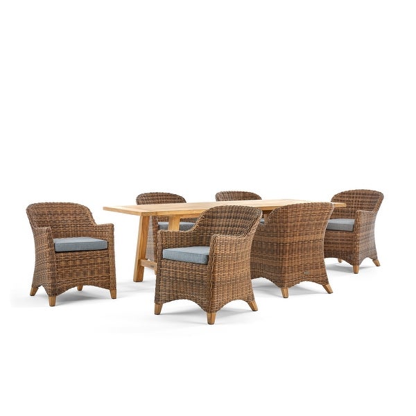 Winston Truss 7-Piece Natural Teak Fully Woven Vintage Earth Weave Captain's Chair and Teak Dining Table Dining Set -  - 32282834