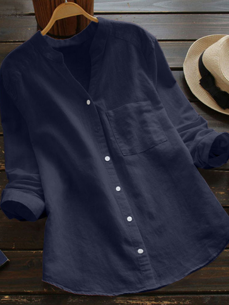 65% Off Autumn Spring V-Neck Linen Plain Shirts & Blouses