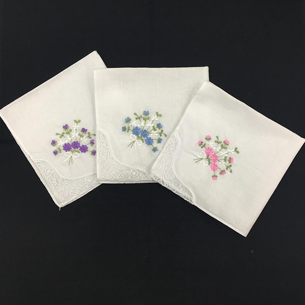 3x 12pieces Classic 100% Soft Cotton Embroidered Lace Handkerchiefs Women Washable