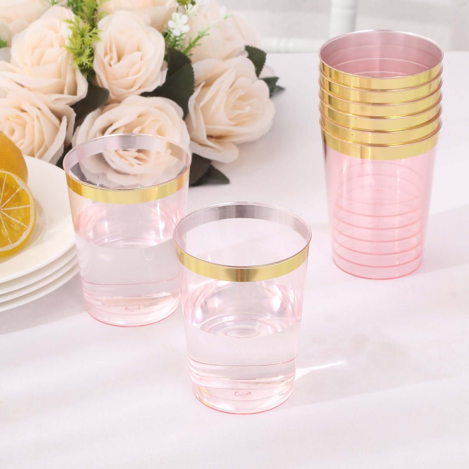 25 Pack Transparent Blush Crystal Plastic Tumbler Drink Glasses With Gold Rim, Disposable Party Cups 10oz