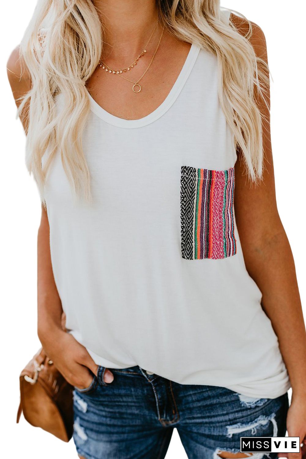 White Casual Women Tank Top with Multicolor Pocket