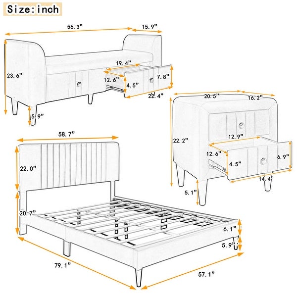 4-Pieces Upholstered Bedroom Sets w/ Platform Bed and 2 Nightstands and Storage Bench - - 37522169