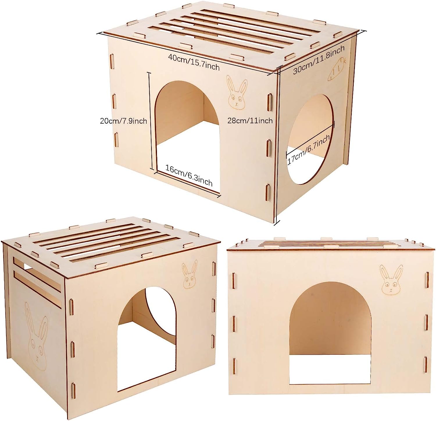 2023 New Style Wood Rabbit Hutch Indoor，Wood Rabbit Houses and Hideouts， Wooden Rabbit Castle Bunny Hideout for Indoor Bunnies Chinchilla， Hamsters and Guinea Pigs Hut to Hide