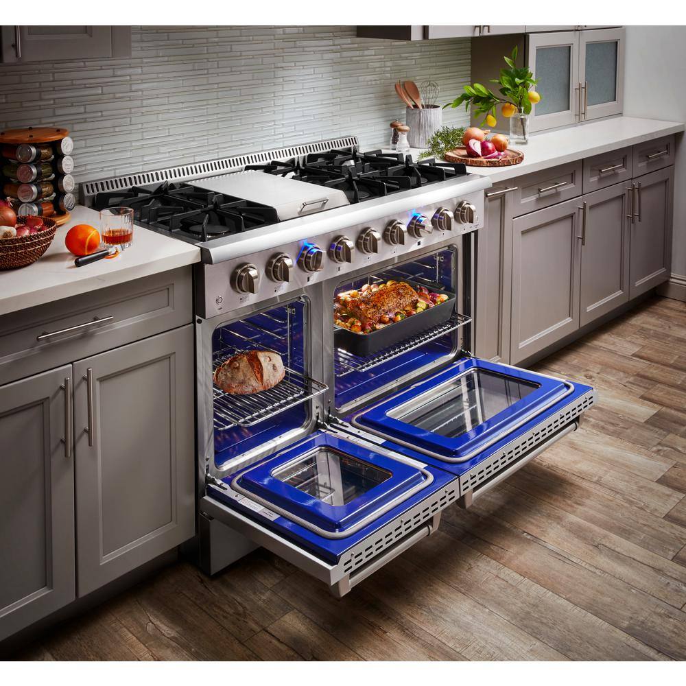 Thor Kitchen Pre-Converted Propane 48 in. 6.7 cu. ft. Double Oven Gas Fuel Range with Convection Oven in Stainless Steel HRG4808ULP