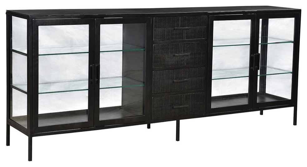 90 quotBlack Steel and Glass Console with Drawers   Farmhouse   Media Cabinets   by Terra Nova Designs  Inc.  Houzz