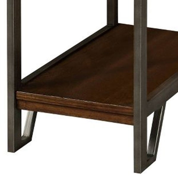 Rectangular Wood and Metal Side Table with USB Outlet， Brown and Gray