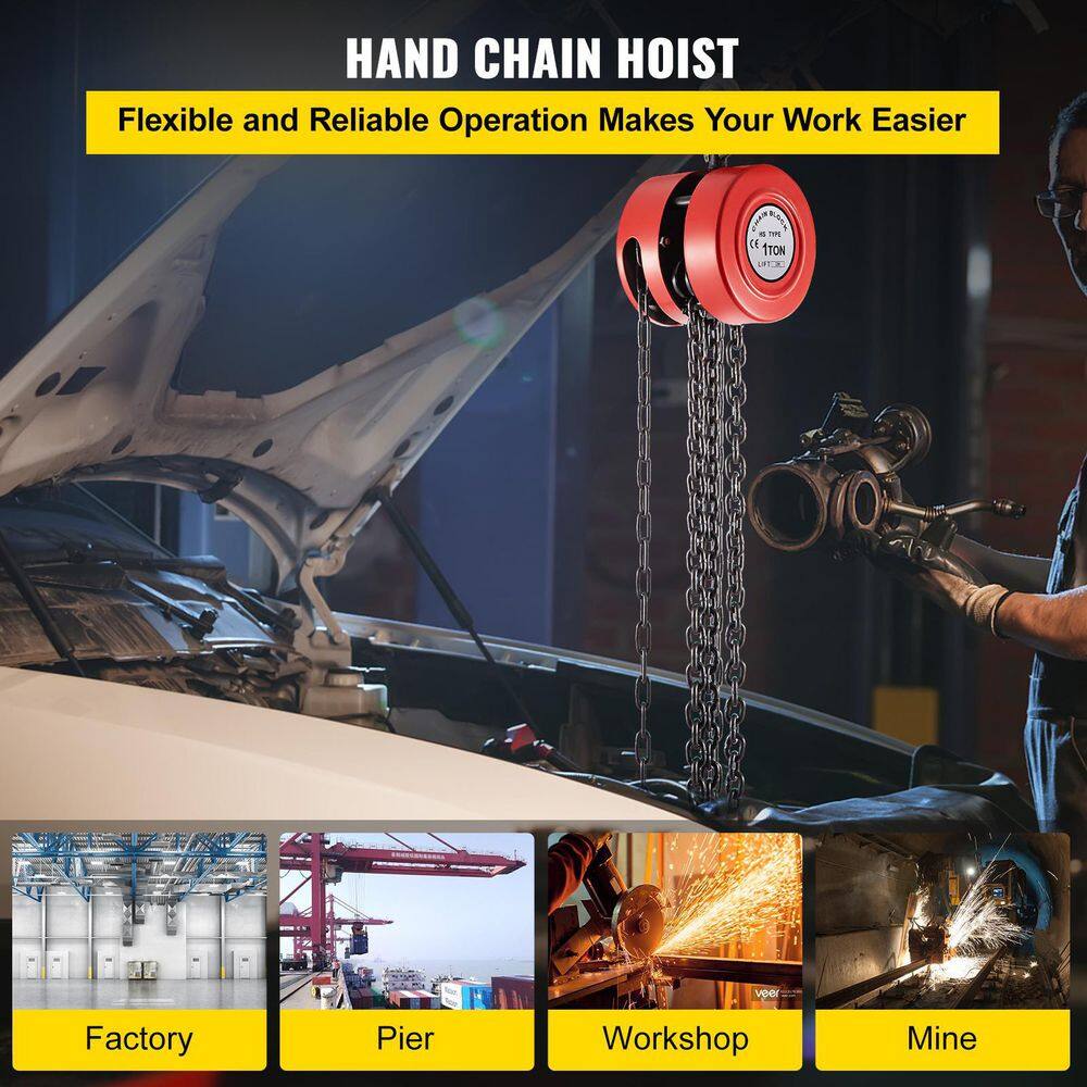 VEVOR Hand Chain Hoist 1-Ton Chain Block 2200 lbs. Capacity and 7 ft. Lift for Lifting Goods in Transport and Factories Red SLHLHSYX1T2M3RDT7V0