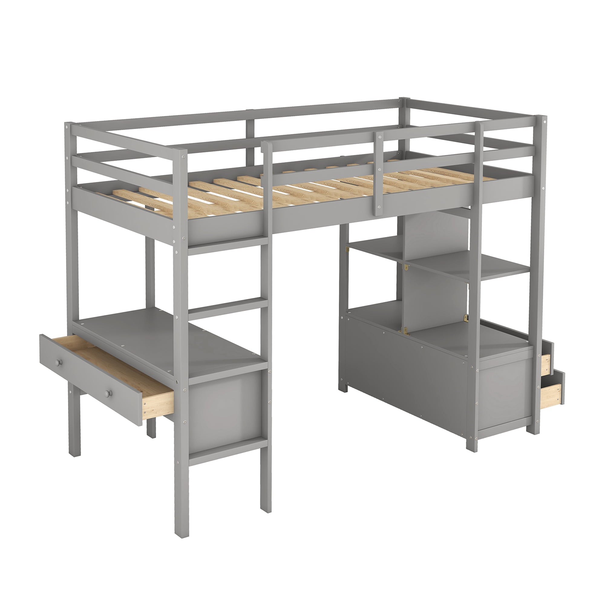 Twin Size Wood Loft Bed with Desk, Drawers and Shelf for Kids Room, Gray