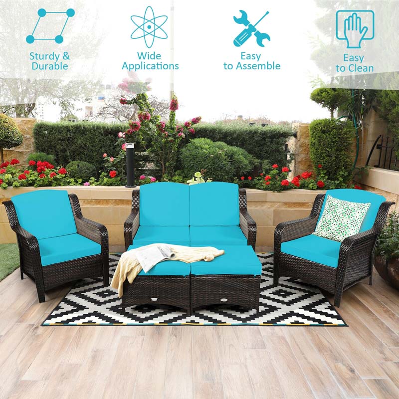 5 Pcs Rattan Wicker Patio Furniture Set with Loveseat, Single Sofas & Ottomans, Outdoor Conversation Sets