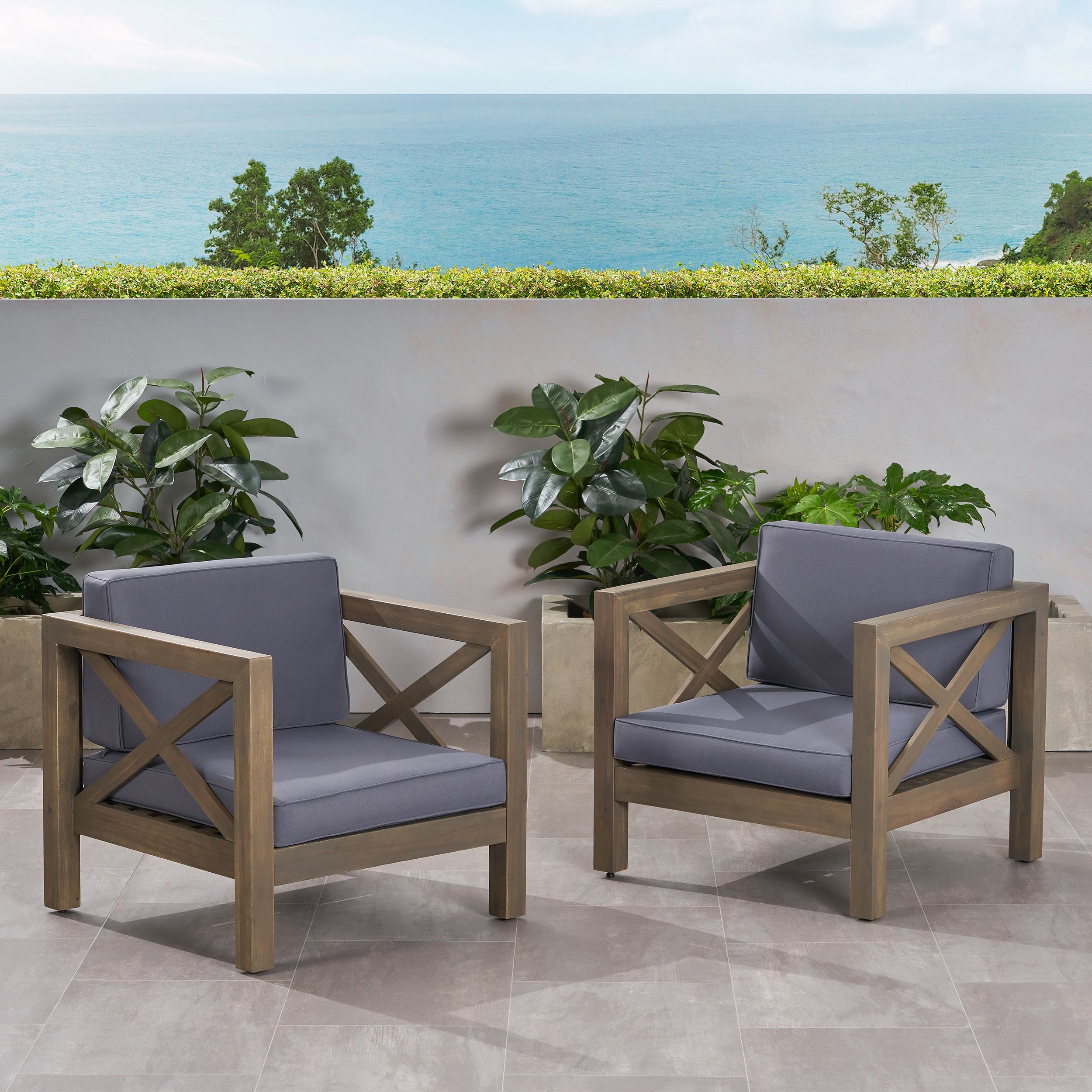 Indira Outdoor Acacia Wood Club Chairs with Cushions (Set of 2)