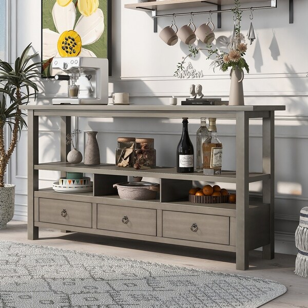 Rustic Solid Console Table Double-Storey Tabletop with Three Drawers