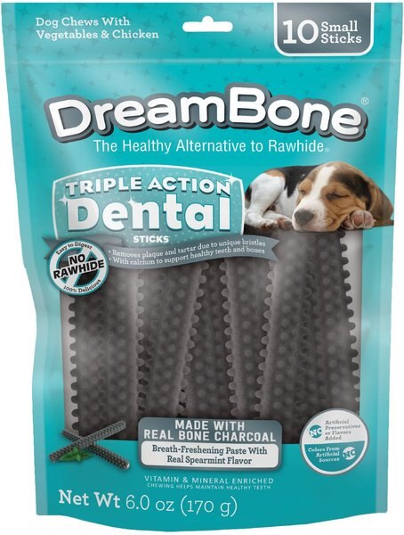 DreamBone Triple Action Dental Sticks Charcoal for Small and Medium Sized Dogs， 6-oz bag， 10 count