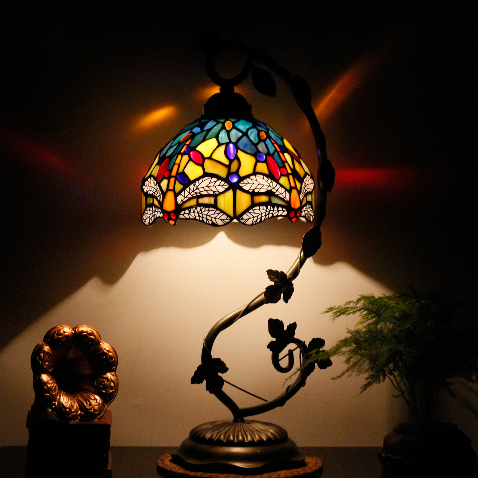  Desk Lamp Stained Glass Table Reading Banker Light Crystal Bead Blue Yellow Dragonfly Style Shade W8H20 Inch S128 World Menagerie LAMPS Parent Lover Kid Living Room Bedroom Coffee Bar Crafts Gift