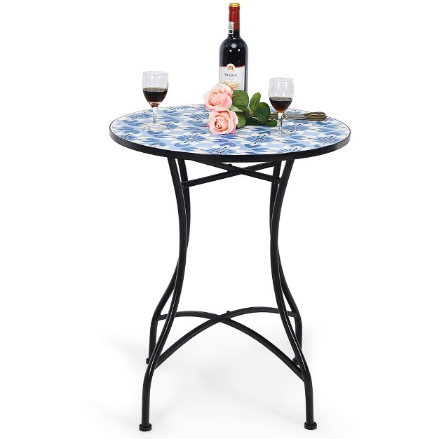 Costway 28 5 x27 x27 Patio Round Mosaic Bistro Table Plant Stand Blue Flower Pattern