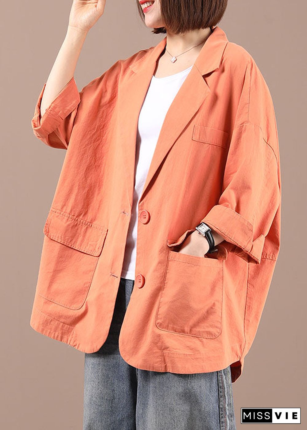 Handmade Orange Loose Button Pockets Fall Coats Long Sleeve