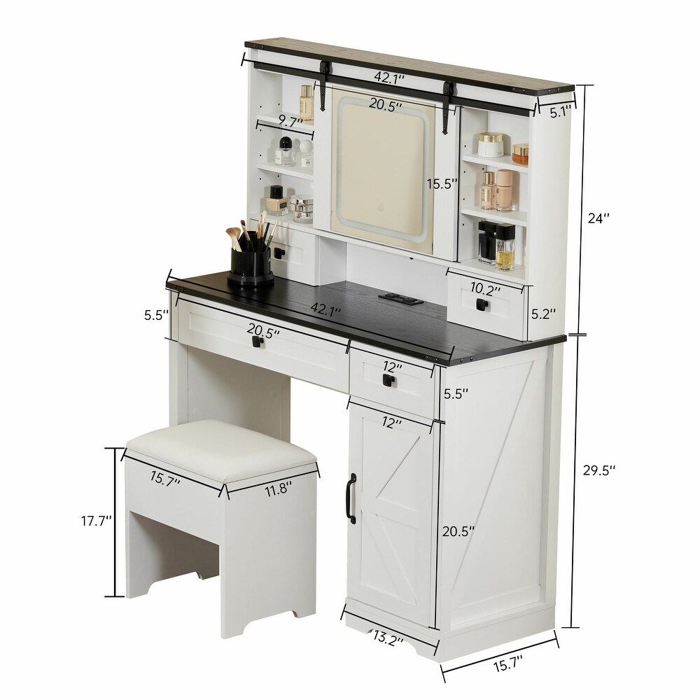 Farmhouse 42'' Makeup Vanity Desk with lighted Sliding Mirror Glass Tabletop 2 Drawers   Shelves  Stool Included.