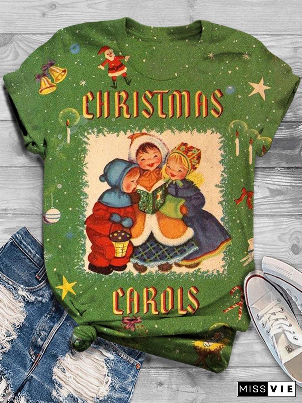 Retro Christmas Print Crew Neck T-Shirt