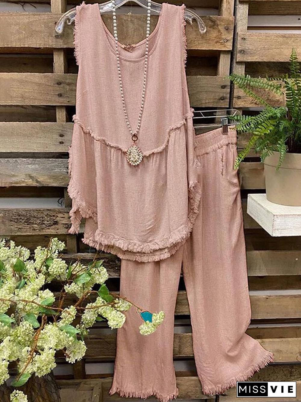 Tassel Sleeveless Top Straight Pants Two-Piece Set