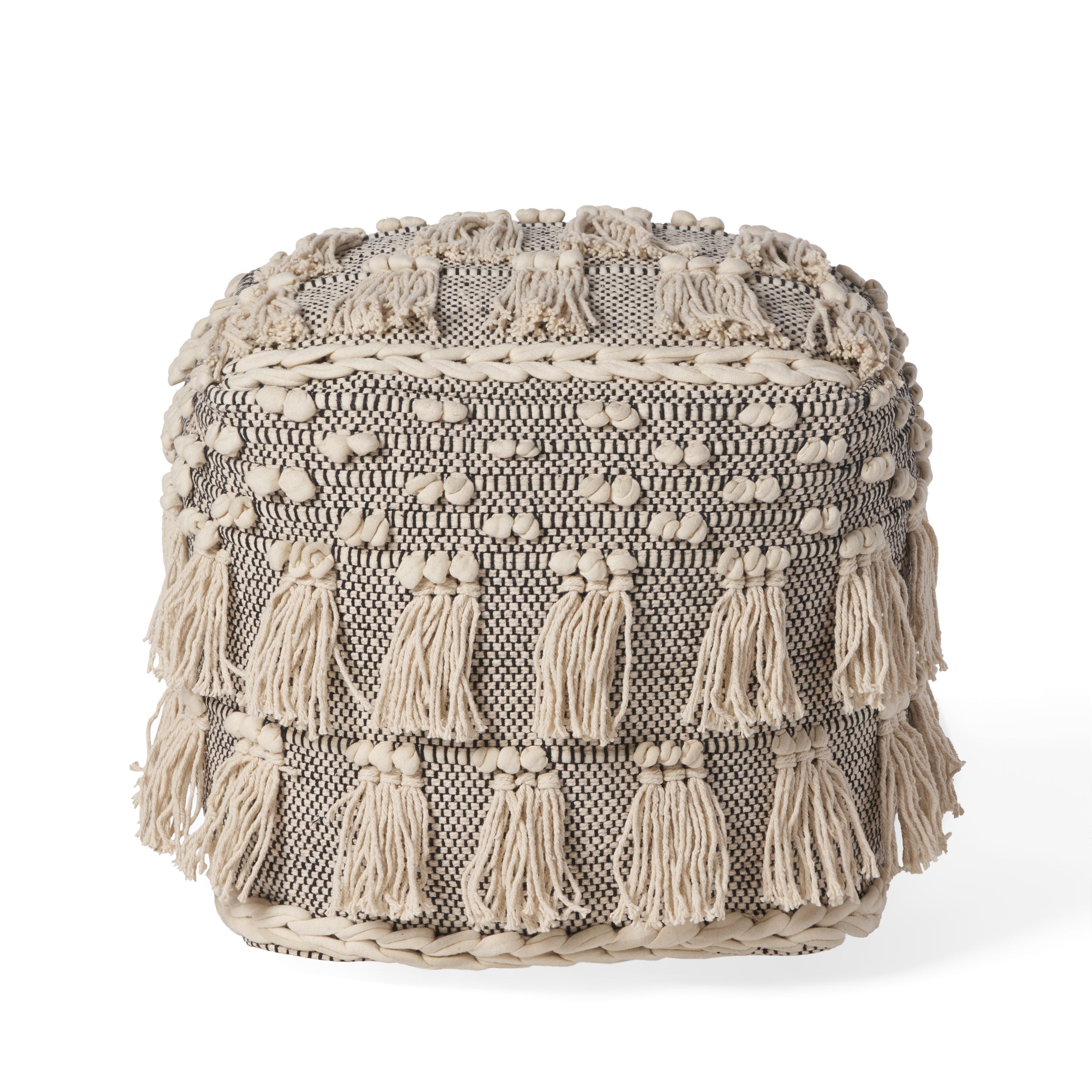 Arcola Handcrafted Boho Fabric Cube Pouf with Tassels