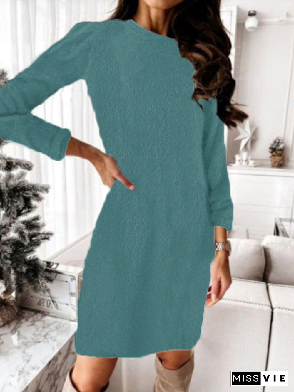 Women Seawter Long Sleeve Scoop Neck Knit Mini Dress