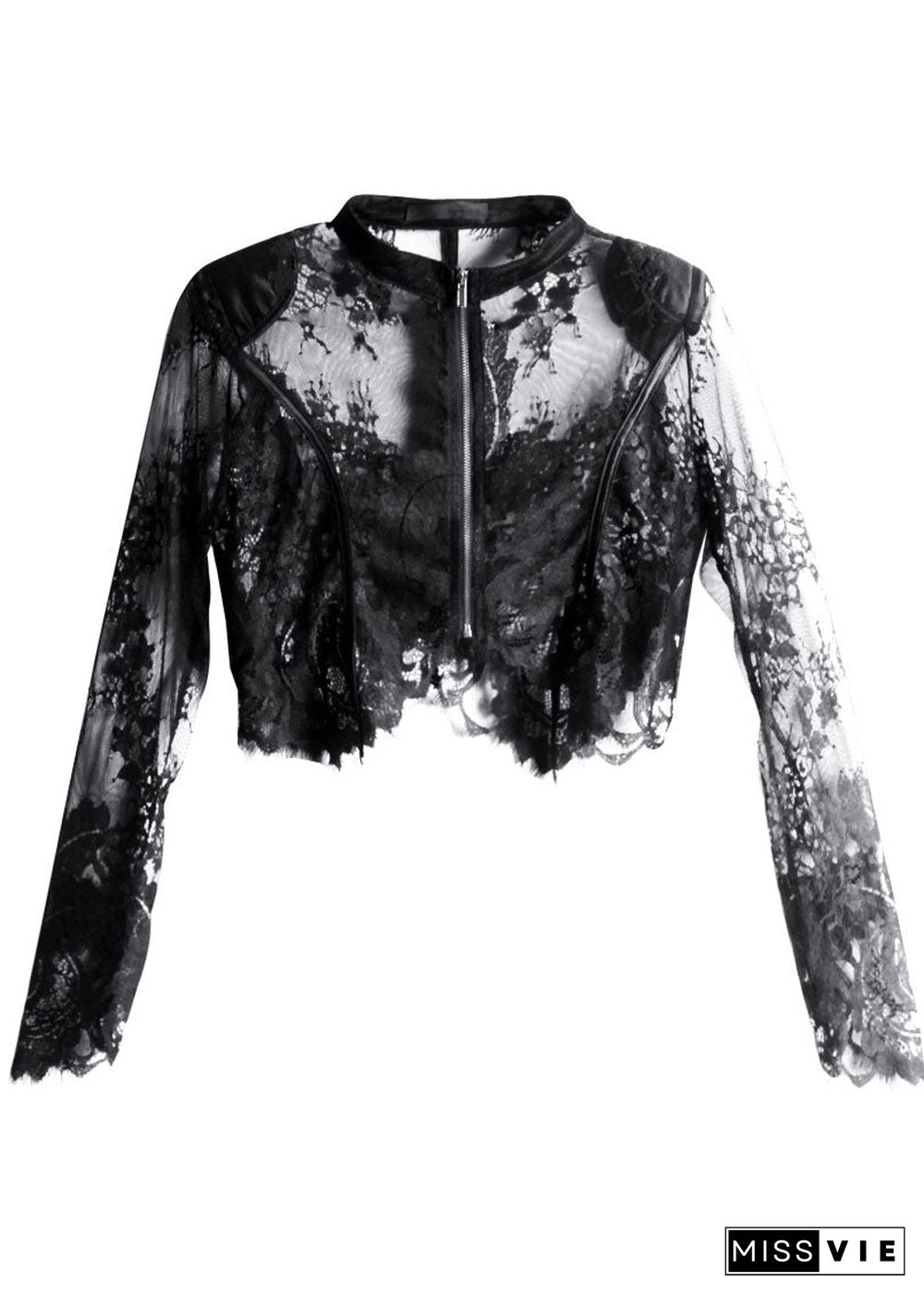 Elegant Black Zippered Tulle Summer Shirt Tops Long Sleeve