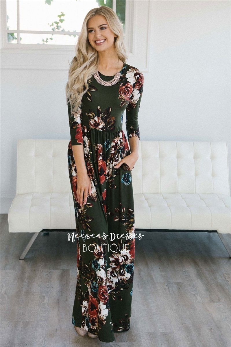 Olive Watercolor Floral Maxi Dress