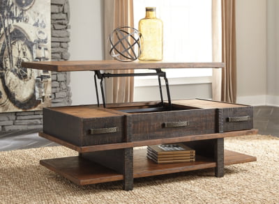 Signature Design by Ashley Stanah Rustic Rectangular Lift Top Coffee Table with 2 Drawers, Floor Shelf for Storage, Brown with Distressed Finish