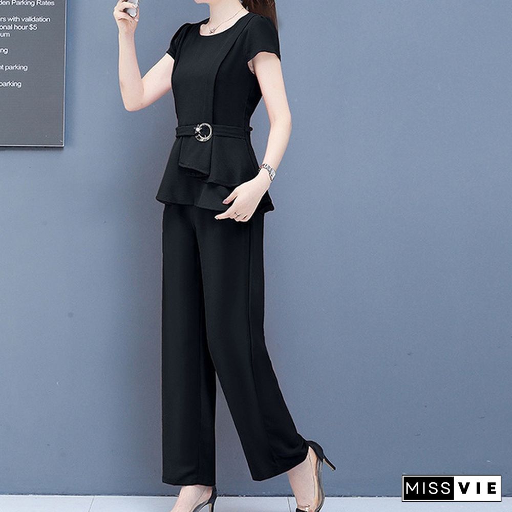 Summer 2 Two Piece Sets Outfits Women Plus Size Short Sleeve Tunics Tops And Pants Suits Office Elegant Korean Sets