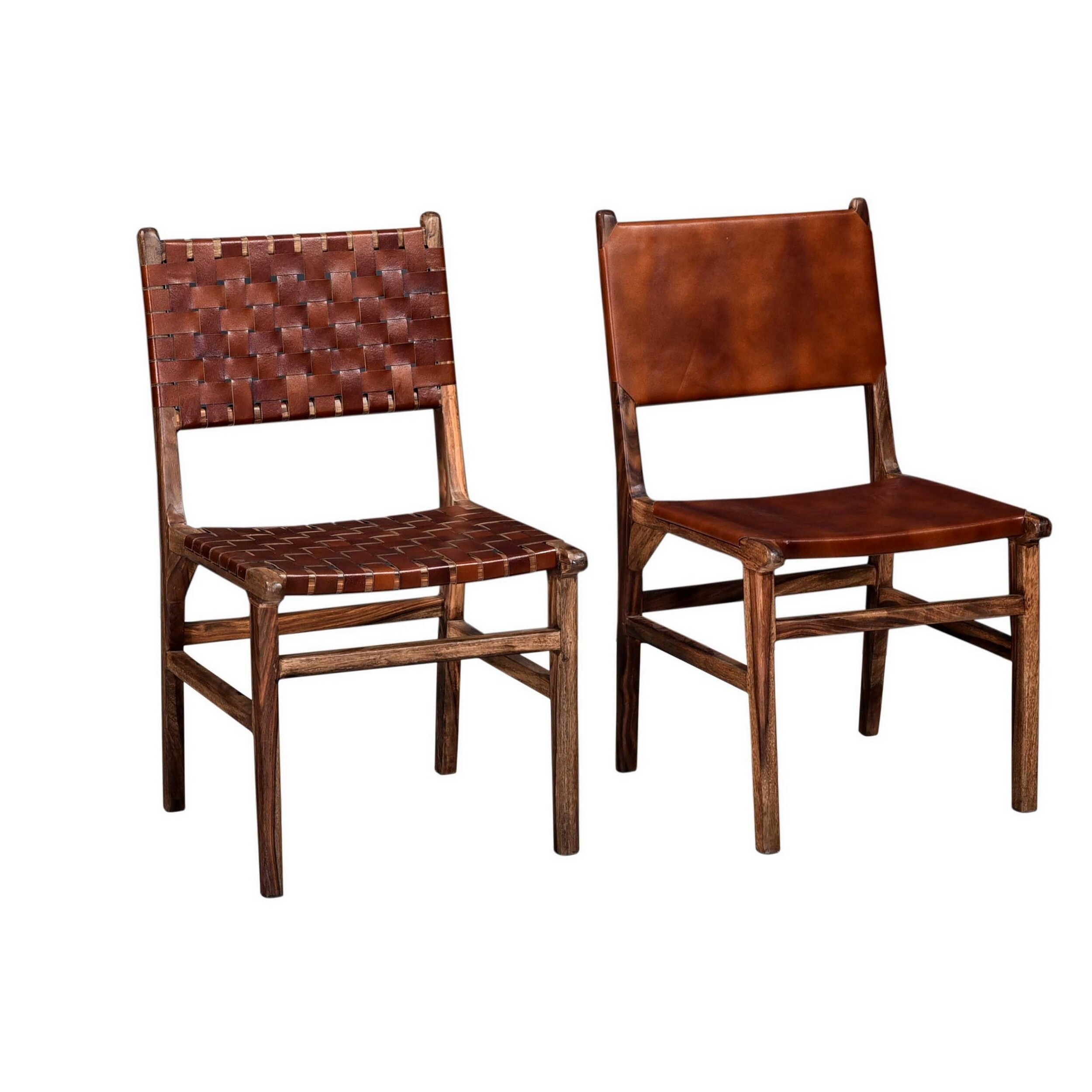 34 Inch Set of 2 Wood Dining Chairs， Leather Woven Back and Seat， Brown