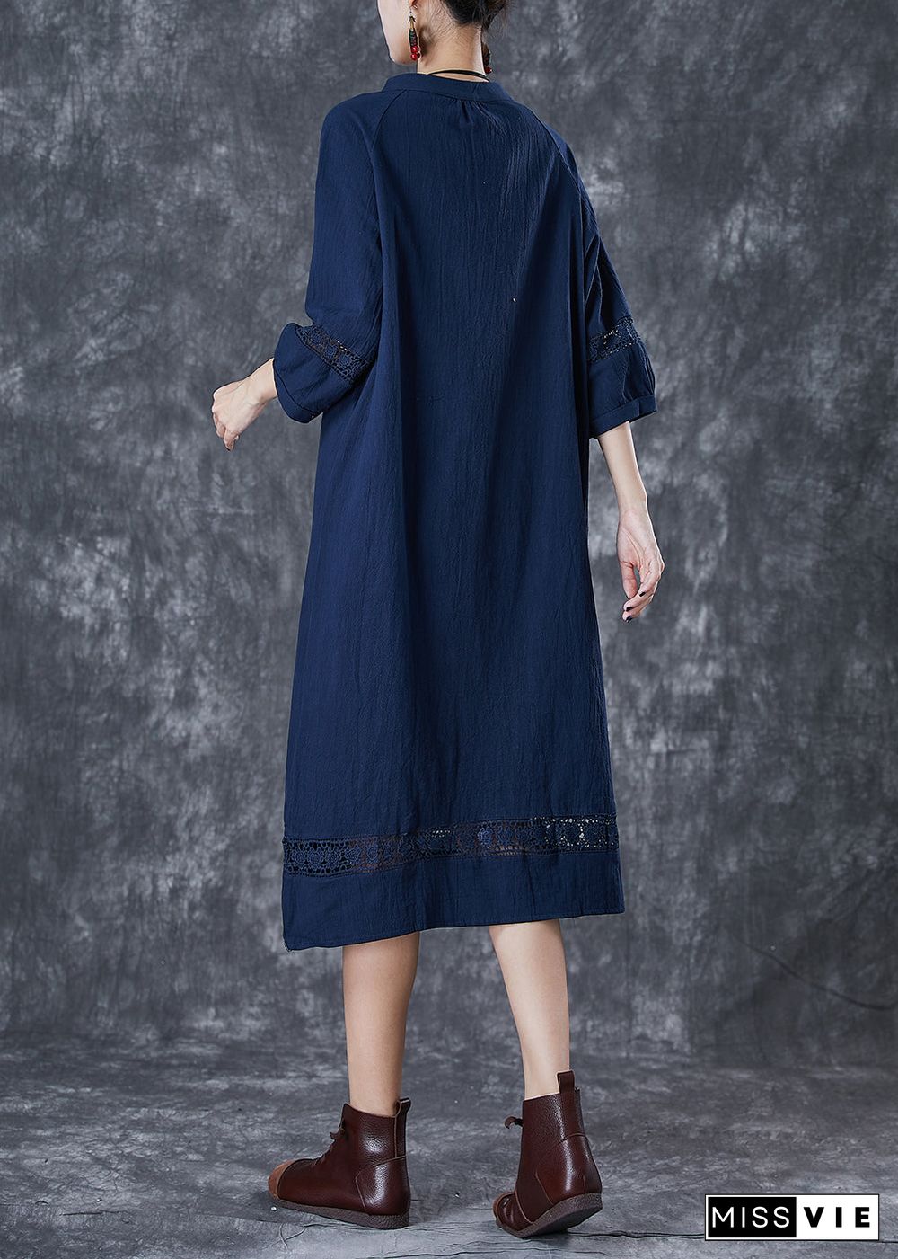 Navy Hollow Out Cotton Maxi Dress Oversized Bracelet Sleeve