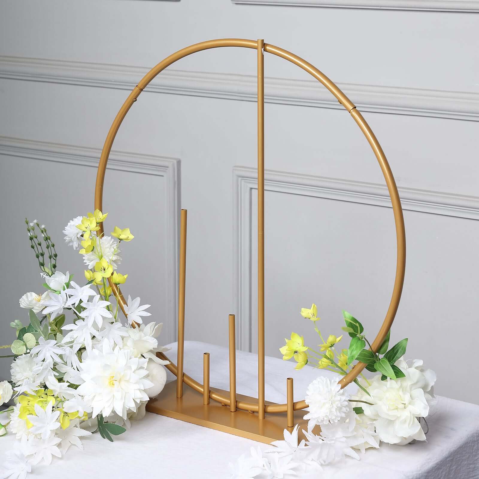 Gold Metal Round Floral Hoop Wedding Table Centerpiece With Pillars, Self Standing Balloon Arch Frame 24