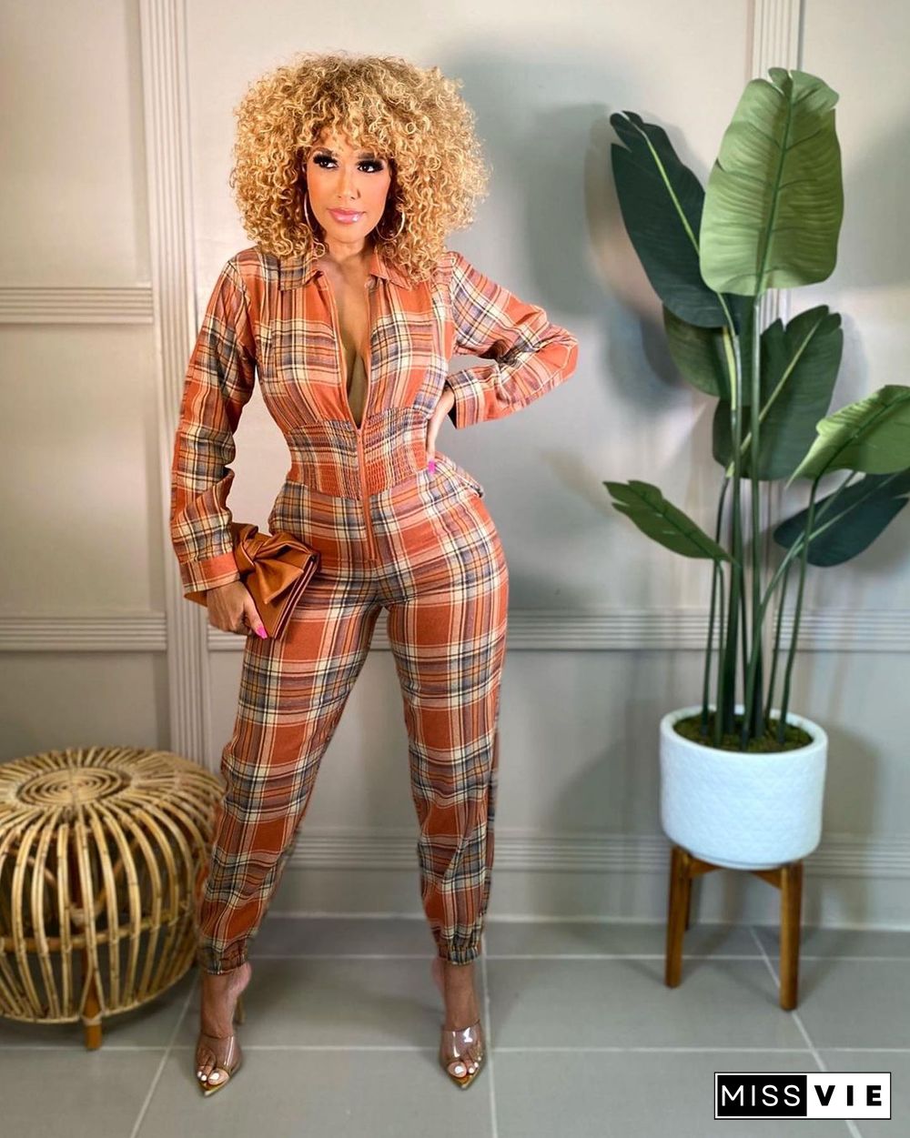 Plaid Print Long Sleeve Zipper One Piece Jumpsuit