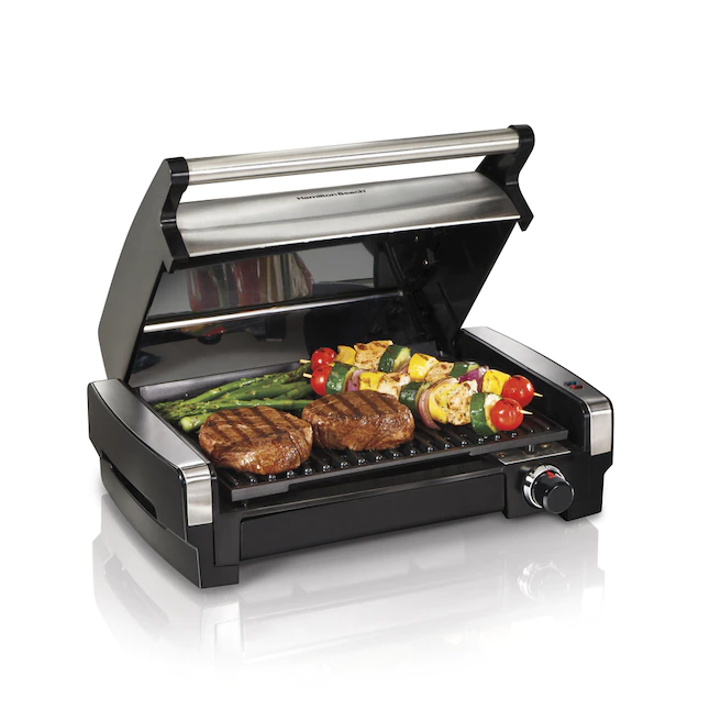 Hamilton Beach Electric Indoor Searing Grill Removable Easy - 12.5-in L x 9.6-in W Non-Stick Contact Grill， 6-Serving， Extra-Large Drip Tray， Stainless Steel (25360)