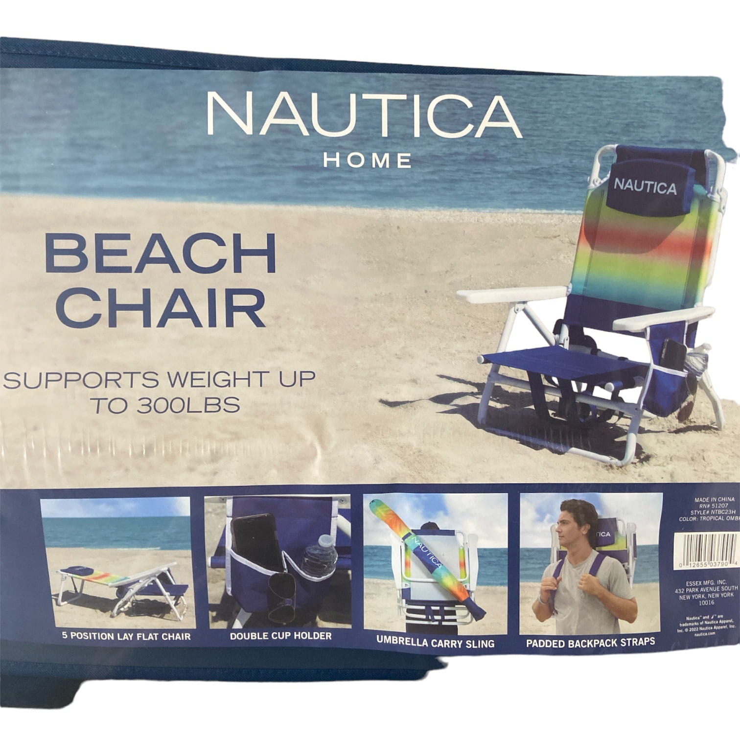 Nautica Portable Beach Chair， Double Cup Holder， Padded Straps (Tropical Ombre)