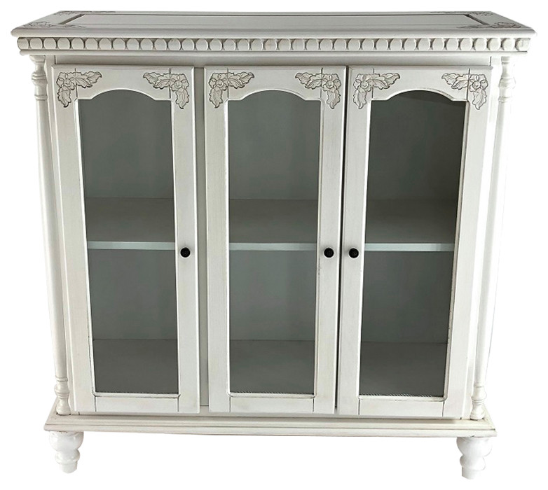 Benzara BM213464 Wood and Glass Accent Cabinet with Carved Details  White   Traditional   Accent Chests And Cabinets   by VirVentures  Houzz