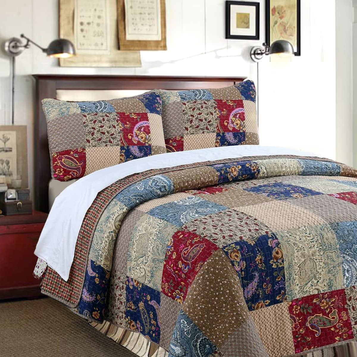 Cozy Line Hyler Navy Red Floral Paisley Real Patchwork 100% Cotton 3-Piece Reversible Quilt Set， Queen