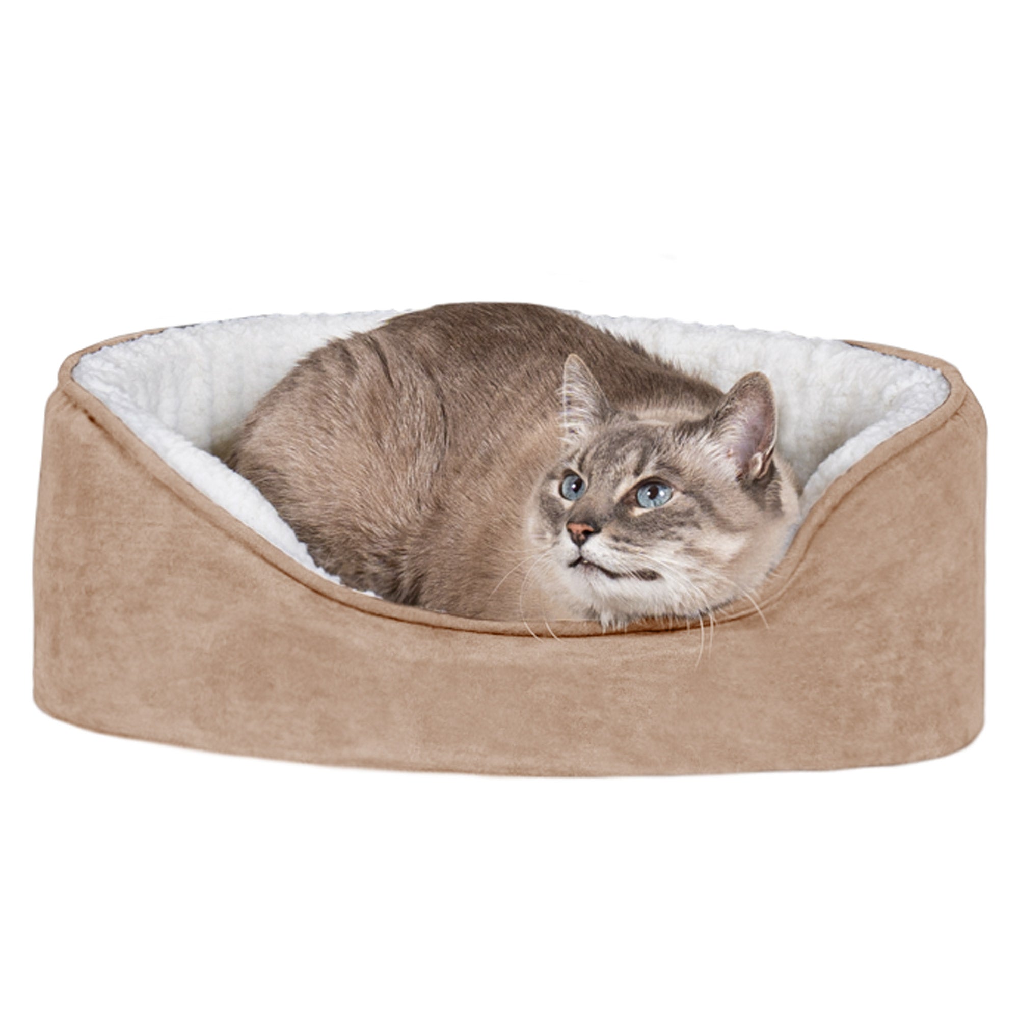 FurHaven | Orthopedic Faux Sheepskin and Suede Oval Pet Bed for Dogs and Catss， Clay， Small