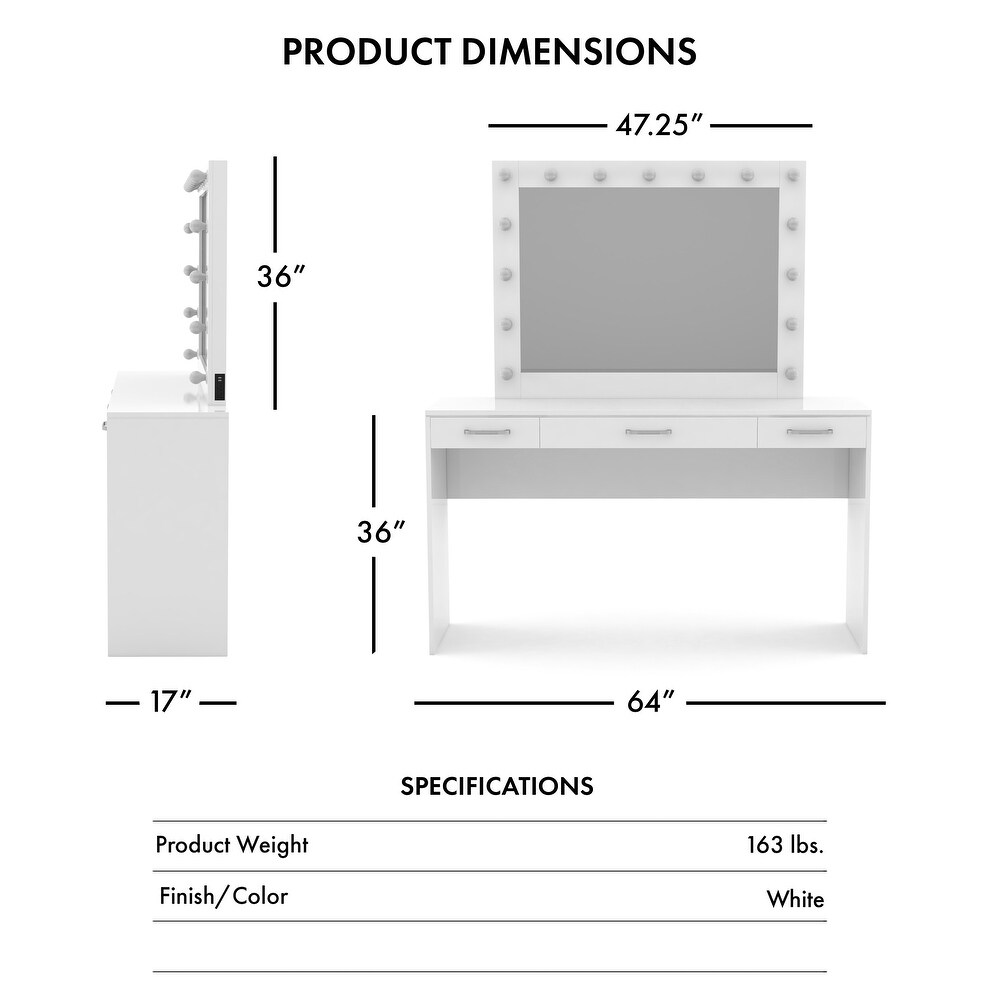 Roseanne Glam Luminous White 3 Drawer Wooden Vanity Set with USBs by Furniture of America