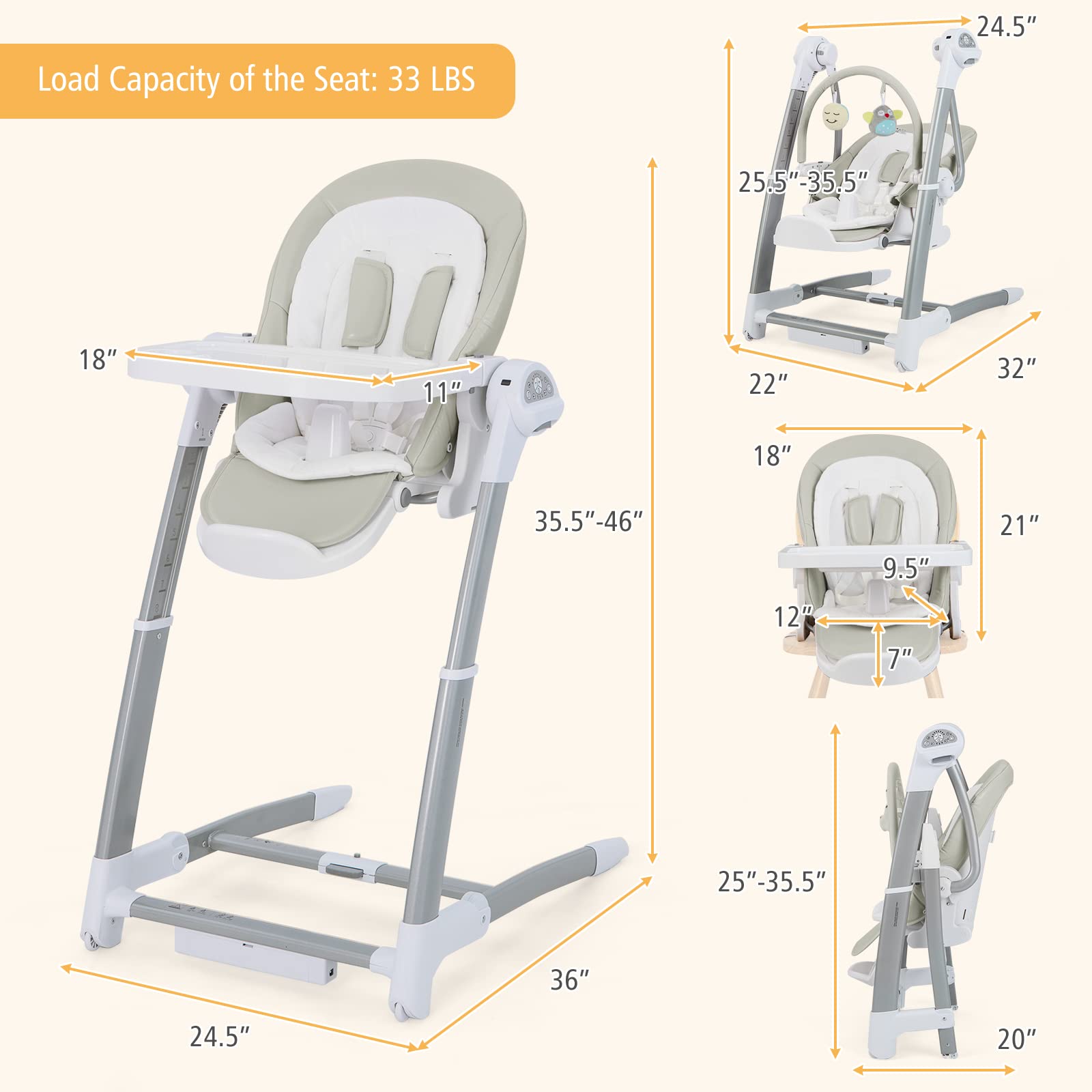 Costzon Baby Swings for Infants, 3 in 1 Foldable High Chair