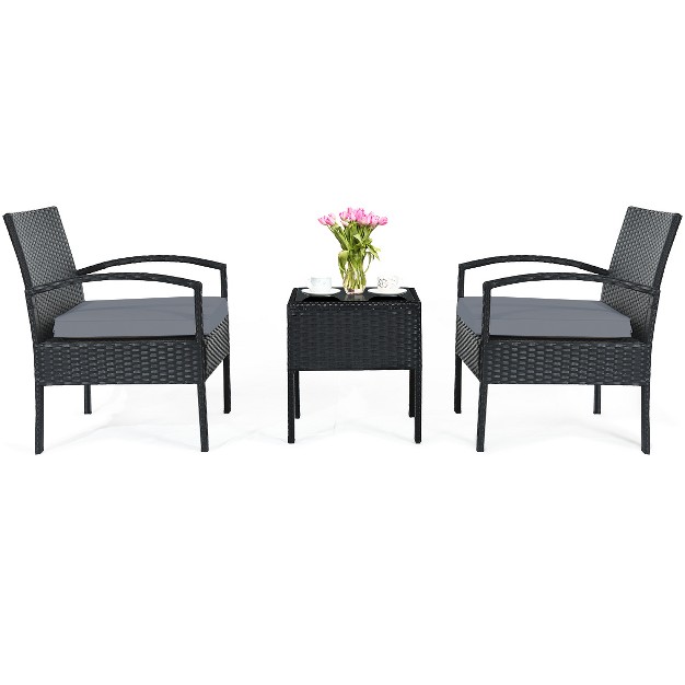 Tangkula 3 Pieces Patio Set Outdoor Wicker Rattan Furniture W Cushions Gray