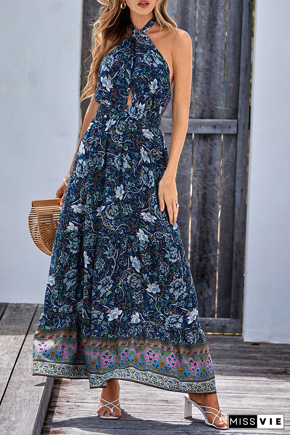 Halter Backless Bohemian Floral Maxi Dress