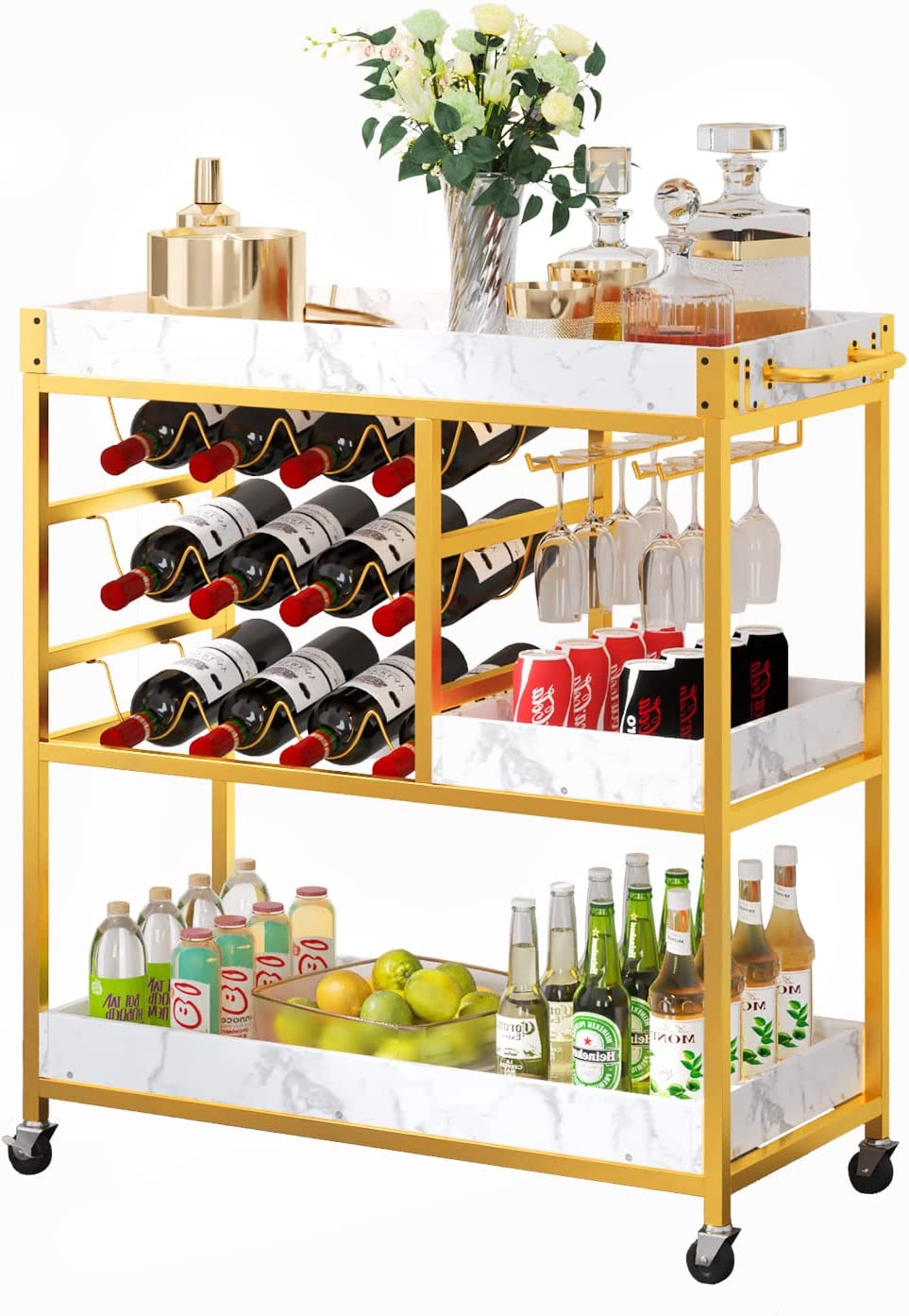 Catrimown Bar Cart Gold， Bar Carts for The Home with 12 Bottle Wine Rack and Wine Glasses Holder， Home Bar Serving Carts with Gold Handle for Kitchen Dining Room