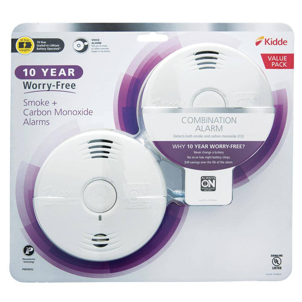 Kidde 10-Year Worry Free Smoke  Carbon Monoxide Detector Lithium Battery Powered with Voice Alarm 2-Pack 21029621