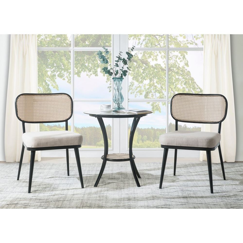 Small Dining Table Set for 2  Round Glass Dining Table with Two Rattan Chairs Plush Seat Cushion  3 Pieces Dining Table Set