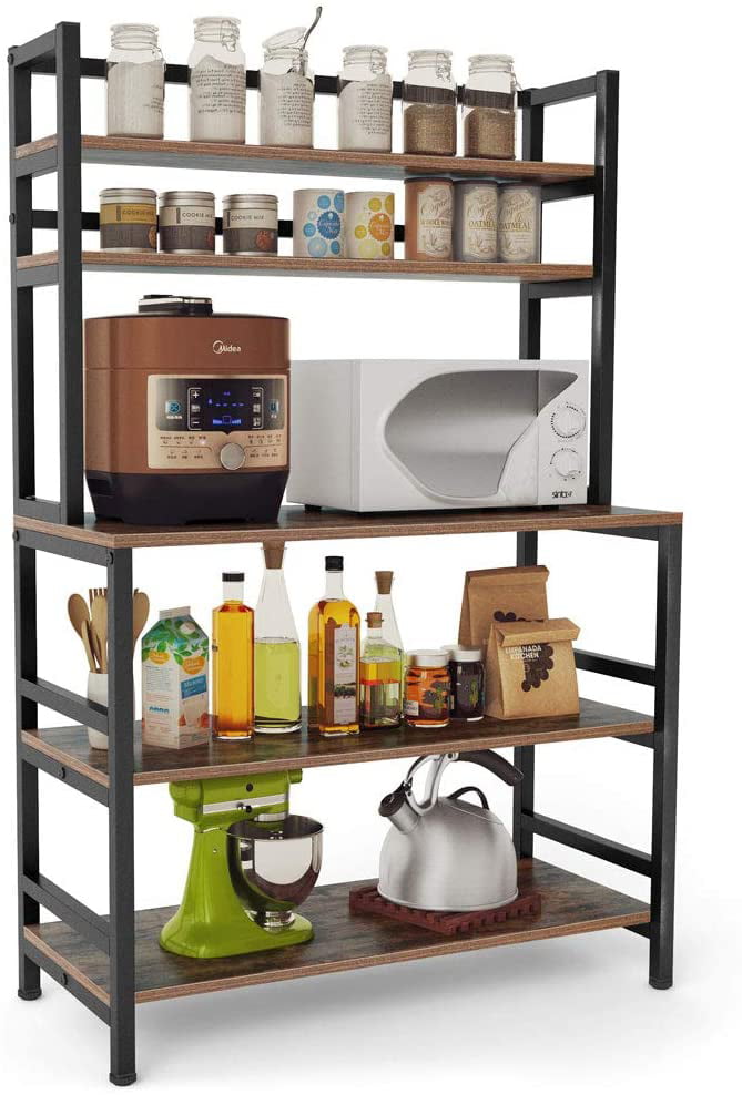 Tribesigns 5-Tier Kitchen Bakers Rack with Hutch， Industrial Microwave Oven Stand， Free Standing Kitchen Utility Cart Storage Shelf Organizer (Rustic Brown)