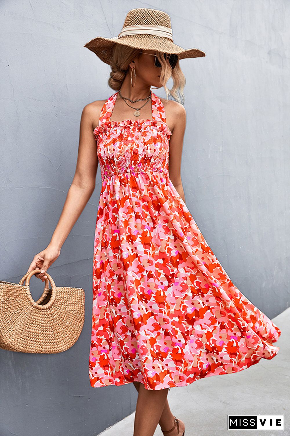 Ruffle Printing Halter Dress Wholesale